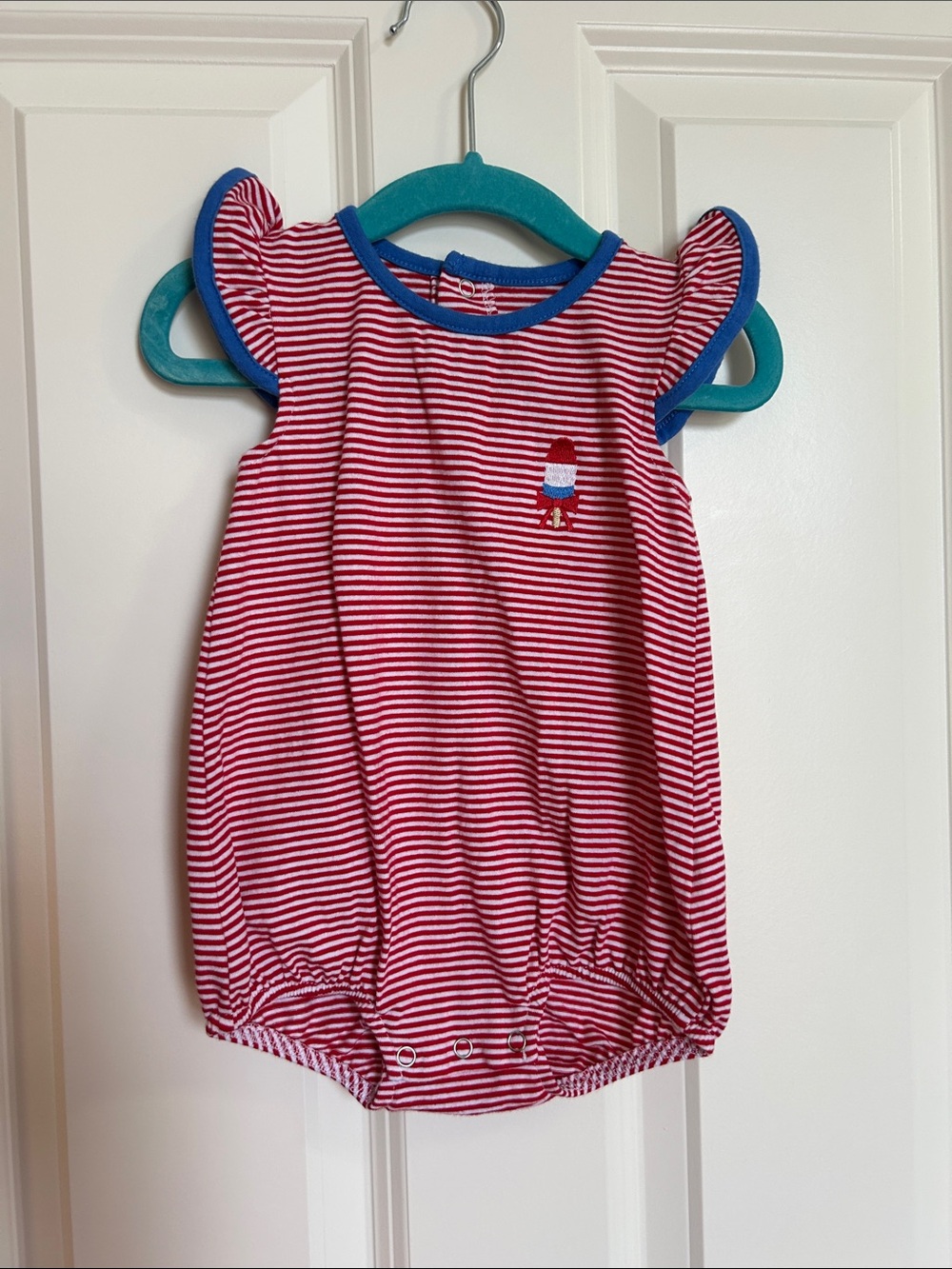 Striped Red & White Baby One-Piece with Blue Trim